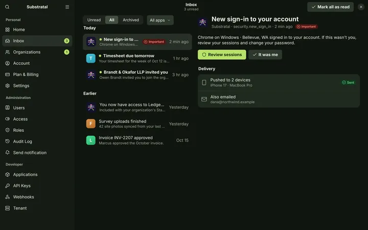 Linux (GNOME) Inbox — dark theme