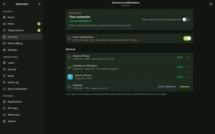 Linux (GNOME) Devices & notifications — dark theme