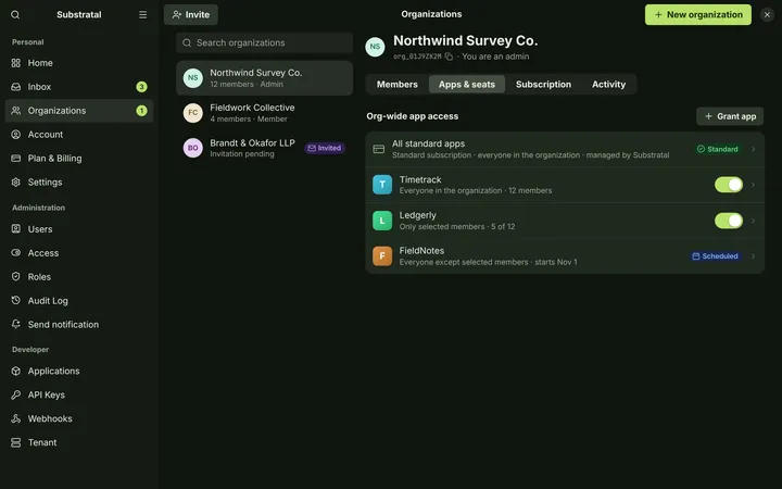Linux (GNOME) Organization — Apps & seats — dark theme