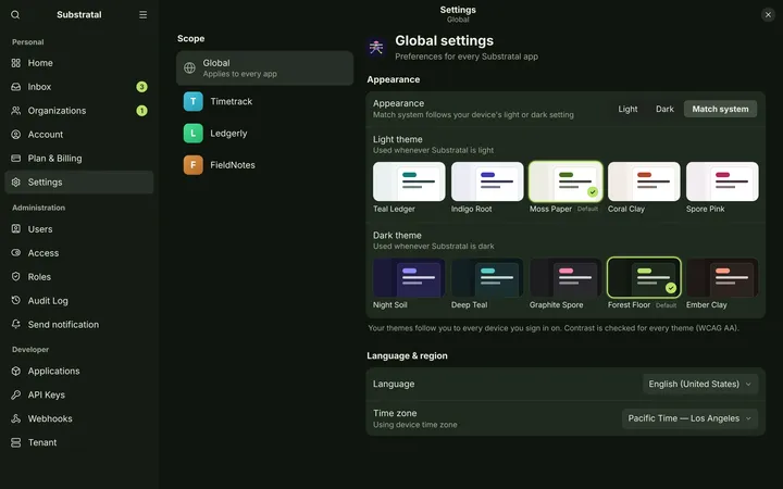 Linux (GNOME) Settings — Global — dark theme