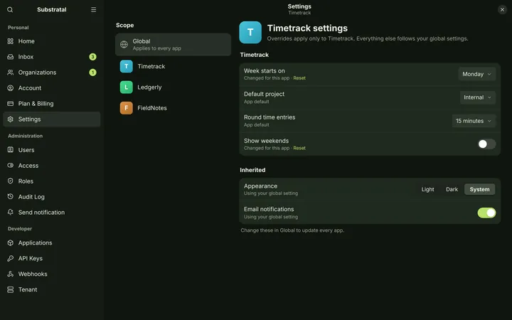 Linux (GNOME) Settings — Per app — dark theme