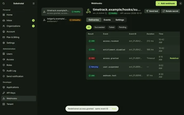 Linux (GNOME) Webhook — Deliveries — dark theme