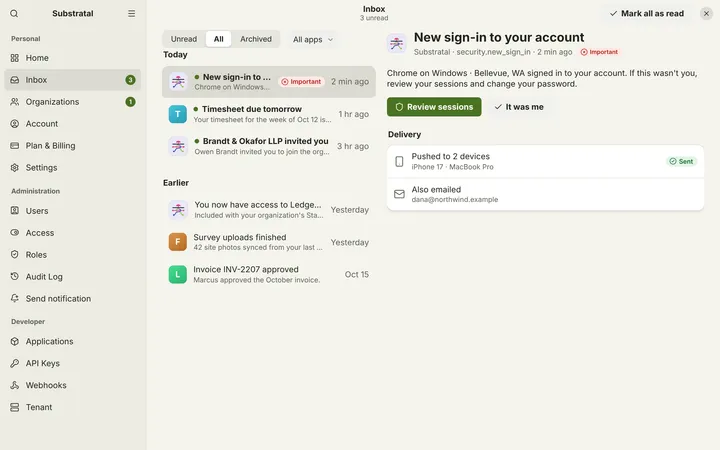 Linux (GNOME) Inbox — light theme