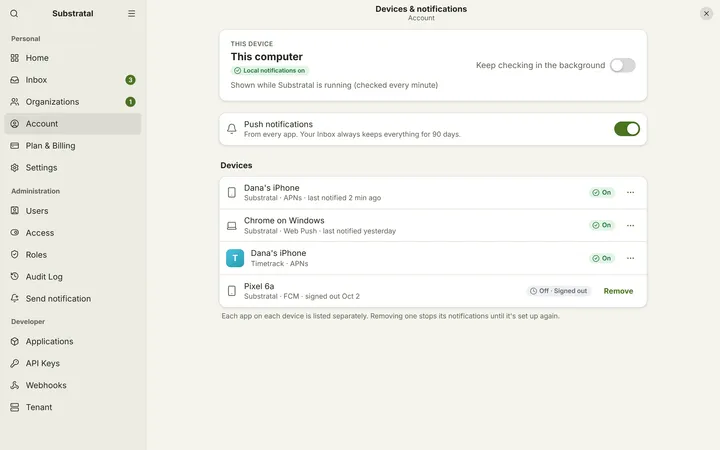 Linux (GNOME) Devices & notifications — light theme