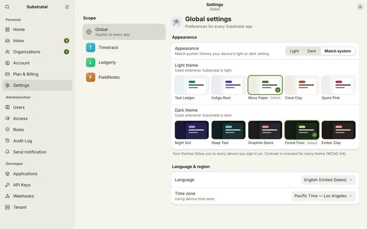 Linux (GNOME) Settings — Global — light theme