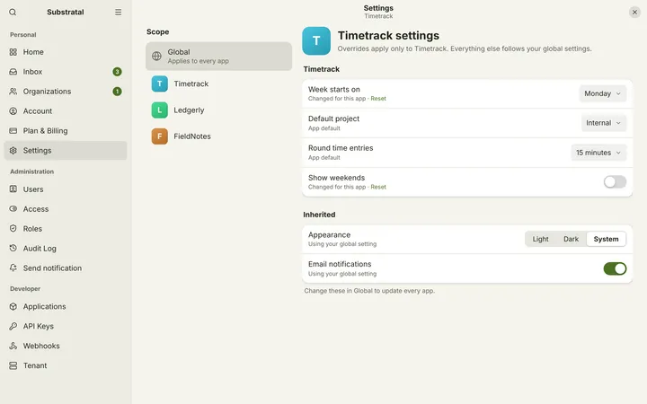 Linux (GNOME) Settings — Per app — light theme