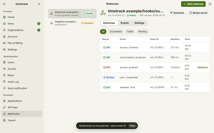 Linux (GNOME) Webhook — Deliveries — light theme