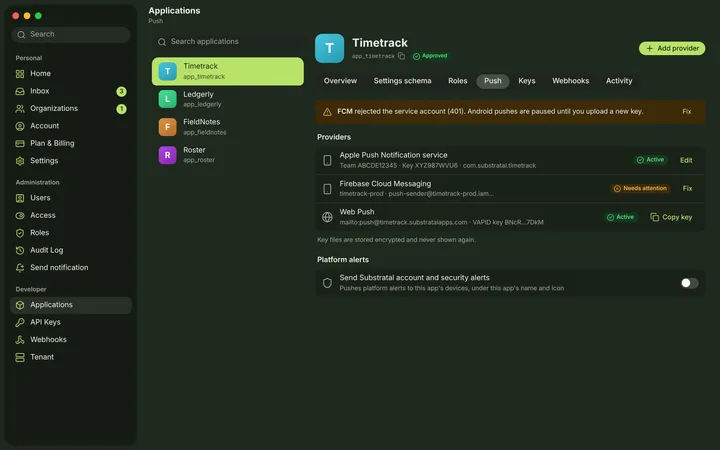 macOS Push credentials — dark theme