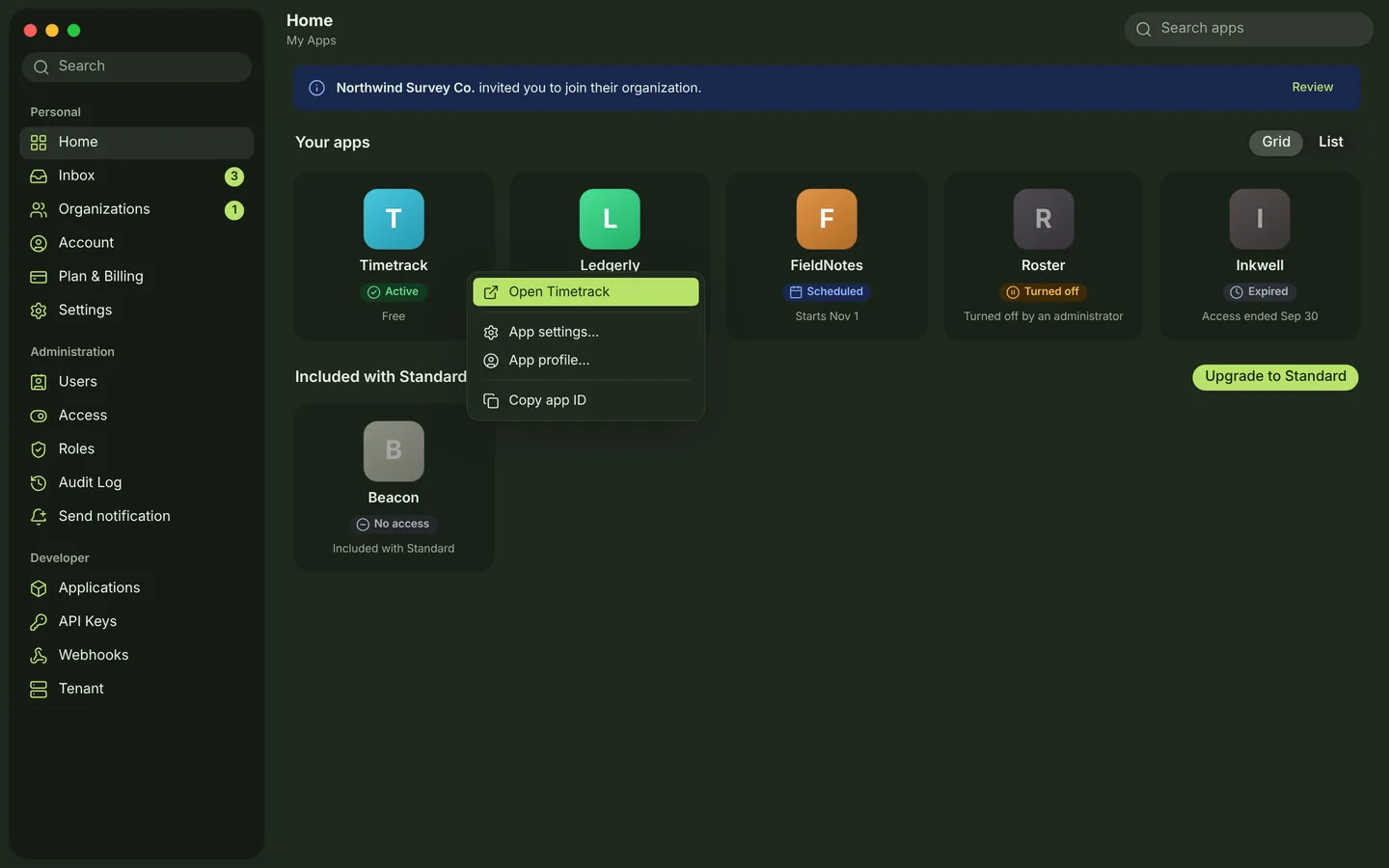 macOS Hub home screen, Forest Floor dark theme