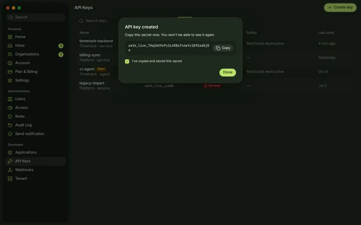 macOS API keys — dark theme