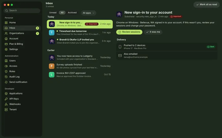 macOS Inbox — dark theme