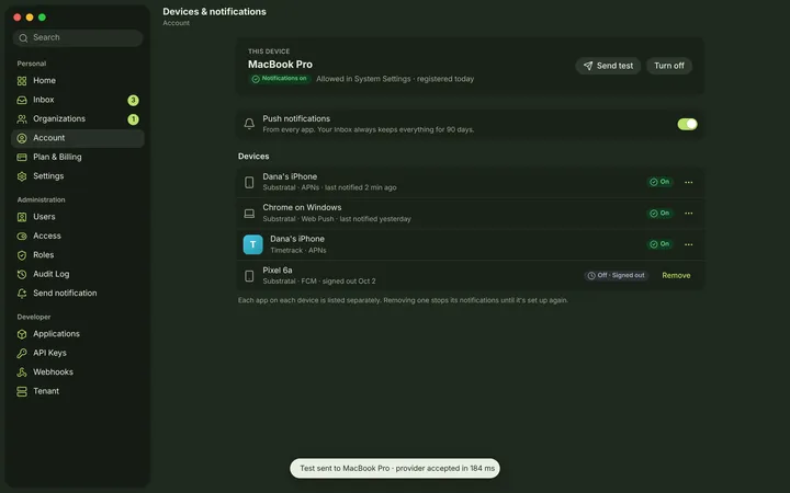 macOS Devices & notifications — dark theme