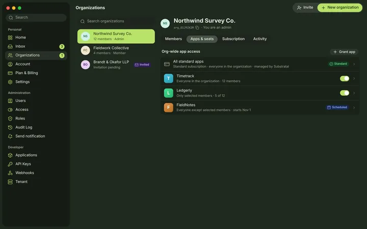 macOS Organization — Apps & seats — dark theme