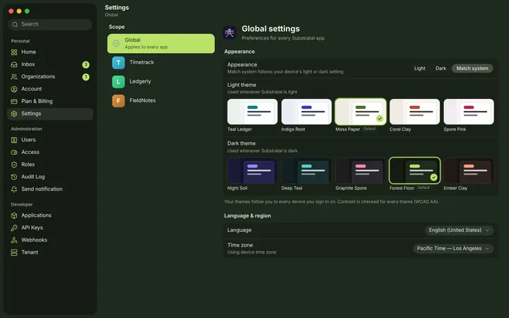 macOS Settings — Global — dark theme