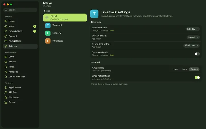 macOS Settings — Per app — dark theme