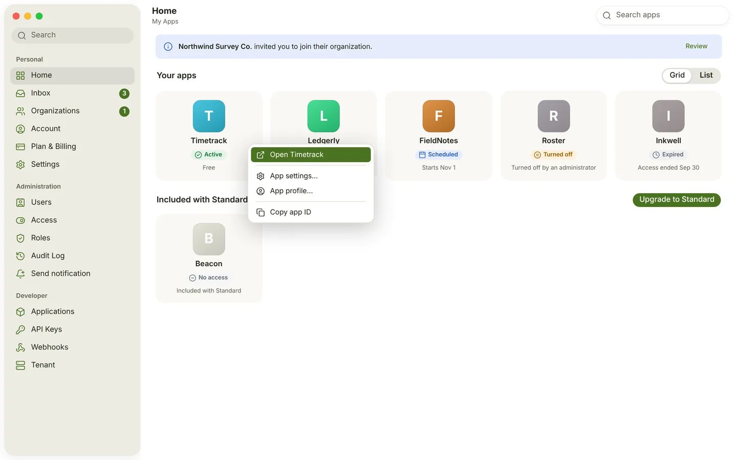 macOS Hub home screen, Moss Paper light theme