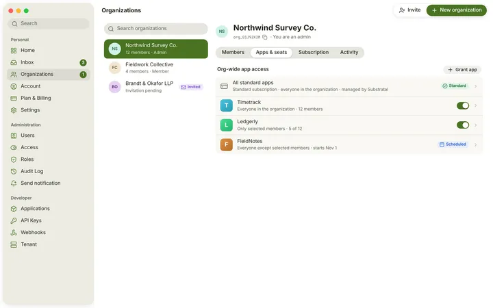 macOS Organization — Apps & seats — light theme