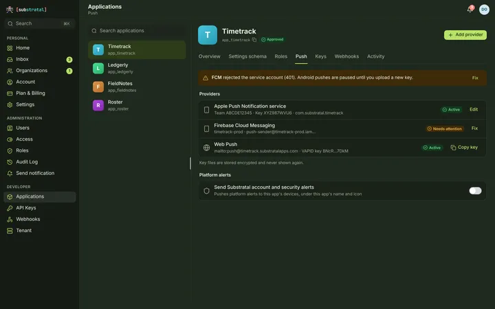 Web (PWA) Push credentials — dark theme