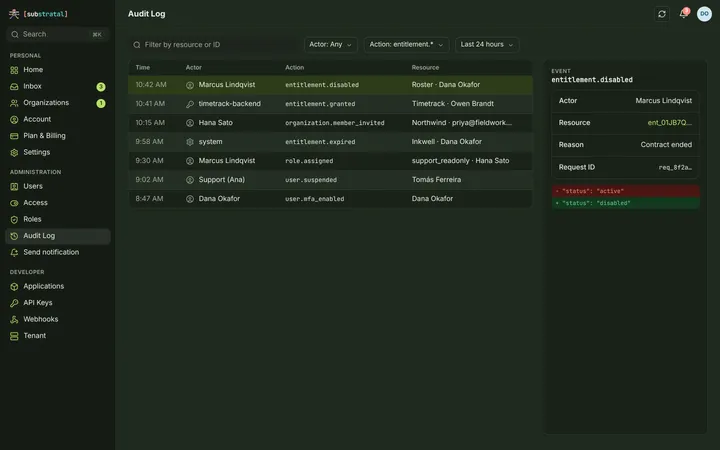 Web (PWA) Audit log — dark theme