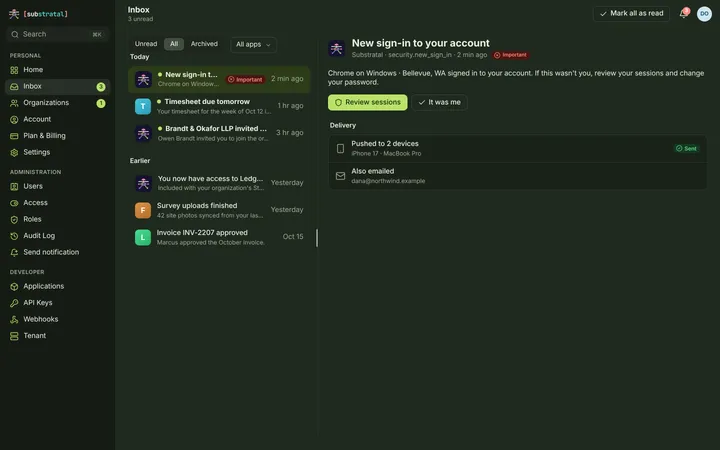 Web (PWA) Inbox — dark theme