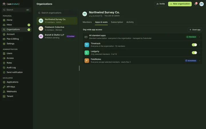 Web (PWA) Organization — Apps & seats — dark theme