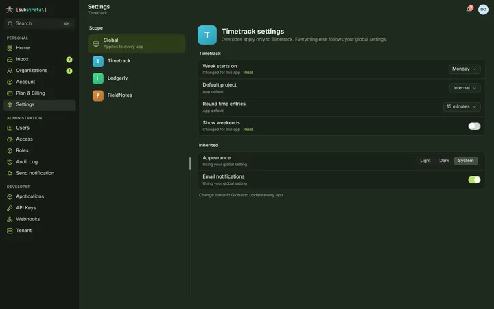 Web (PWA) Settings — Per app — dark theme