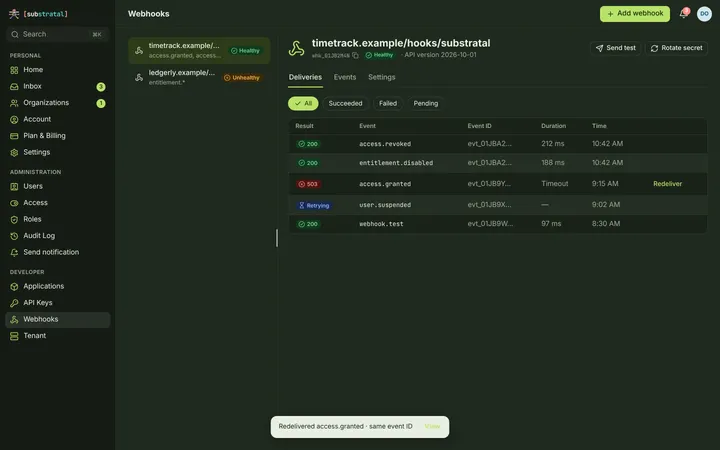Web (PWA) Webhook — Deliveries — dark theme