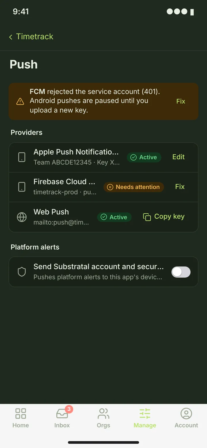 Web (PWA) Push credentials — dark theme