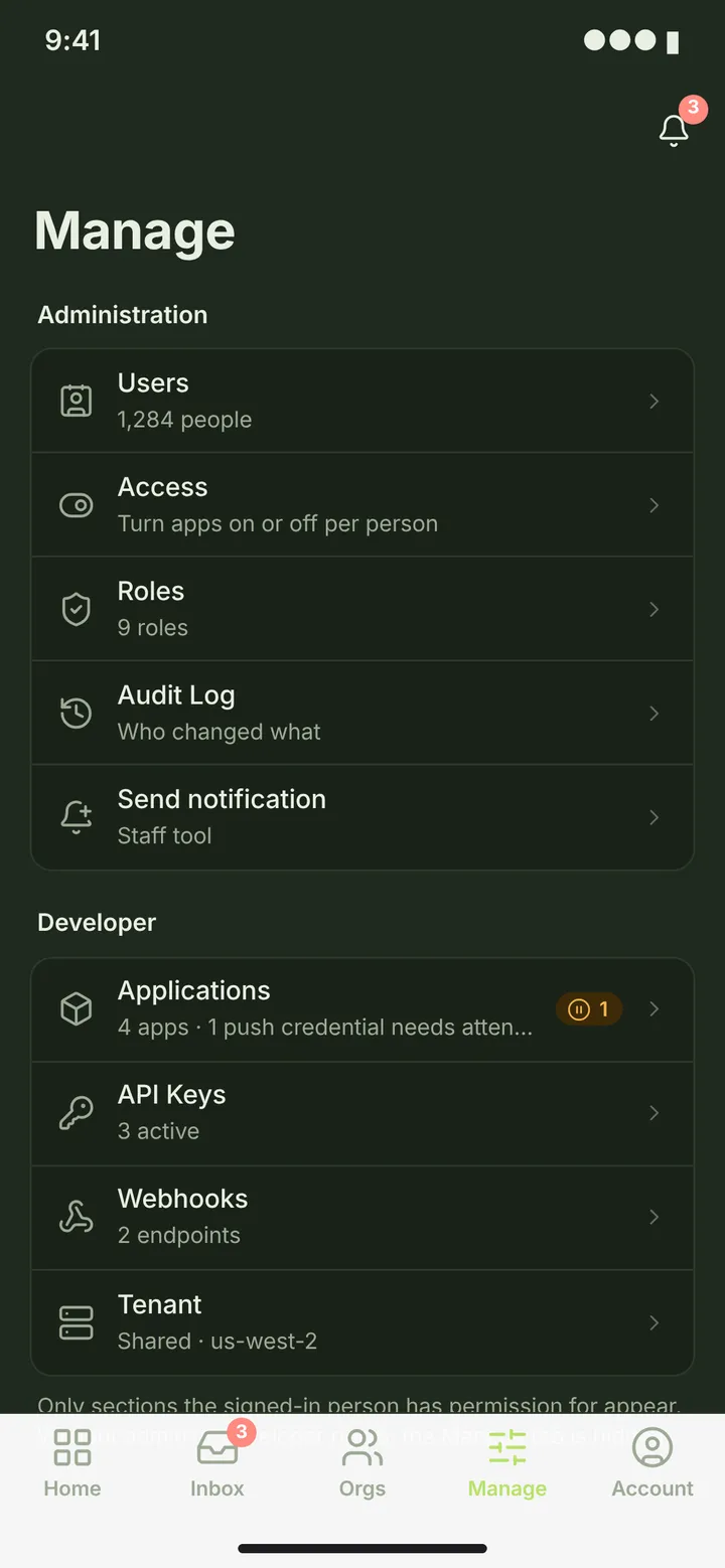 Web (PWA) Manage hub — dark theme