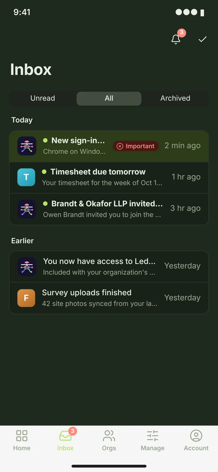 Web (PWA) Inbox — dark theme