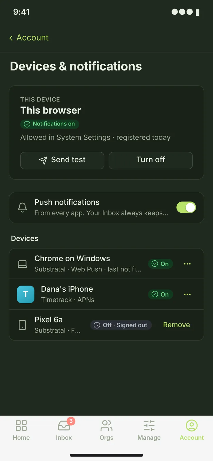 Web (PWA) Devices & notifications — dark theme