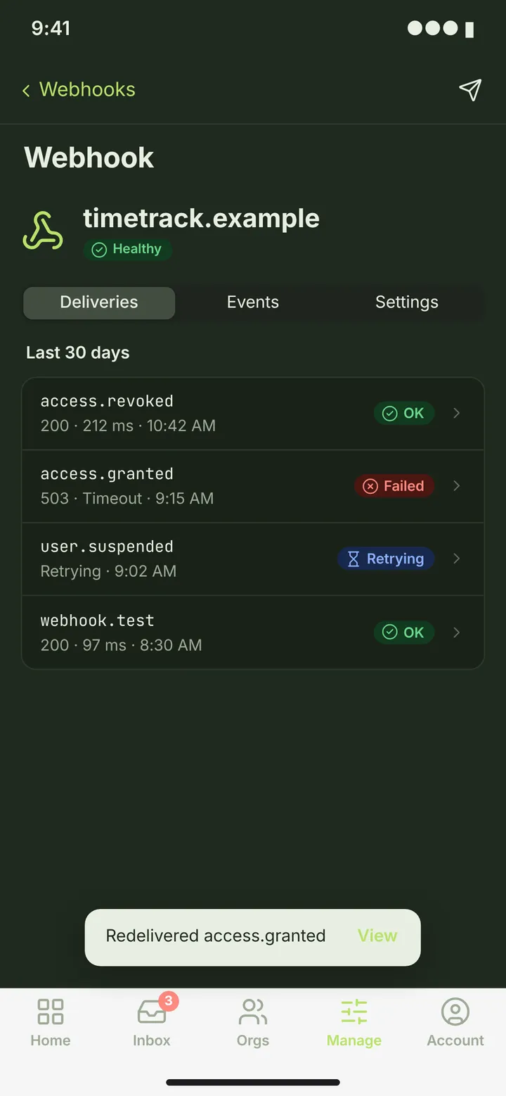 Web (PWA) Webhook — Deliveries — dark theme