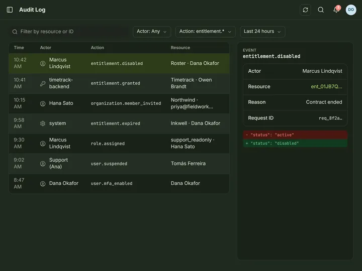 Web (PWA) Audit log — dark theme