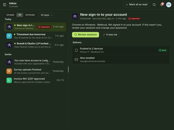 Web (PWA) Inbox — dark theme