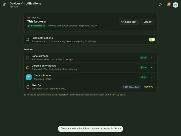 Web (PWA) Devices & notifications — dark theme