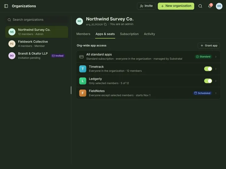 Web (PWA) Organization — Apps & seats — dark theme