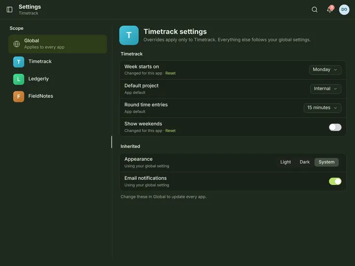 Web (PWA) Settings — Per app — dark theme