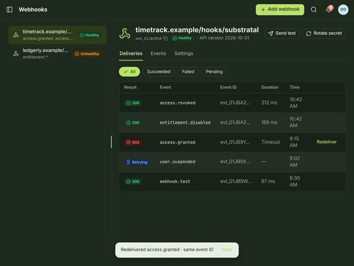 Web (PWA) Webhook — Deliveries — dark theme