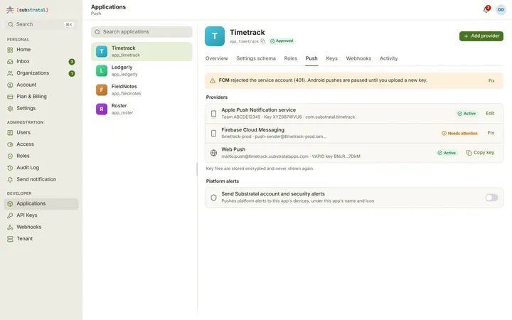 Web (PWA) Push credentials — light theme