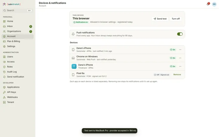 Web (PWA) Devices & notifications — light theme