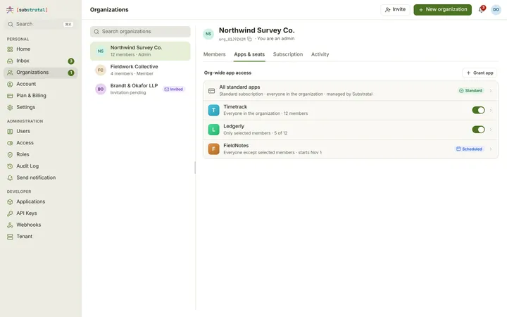Web (PWA) Organization — Apps & seats — light theme