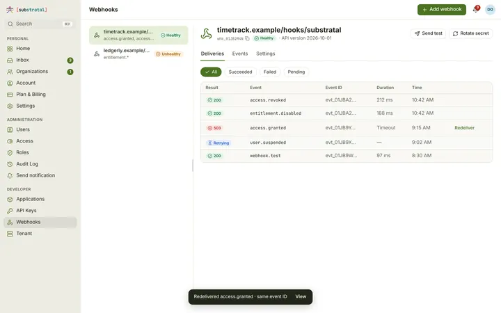 Web (PWA) Webhook — Deliveries — light theme