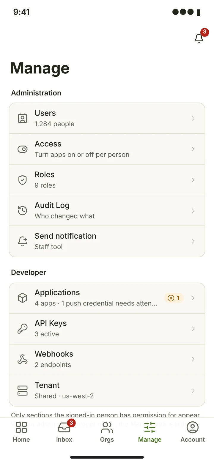 Web (PWA) Manage hub — light theme