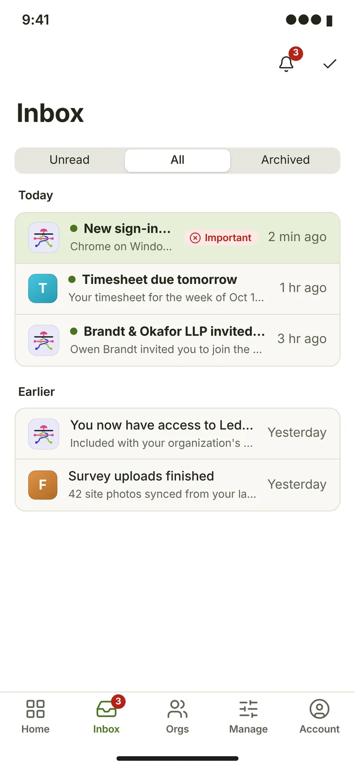 Web (PWA) Inbox — light theme