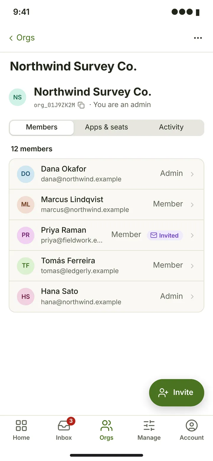 Web (PWA) Organization — Apps & seats — light theme