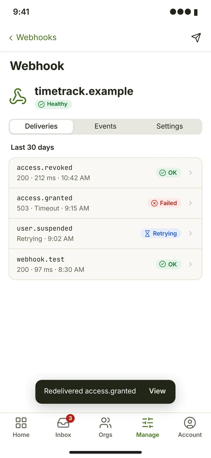 Web (PWA) Webhook — Deliveries — light theme
