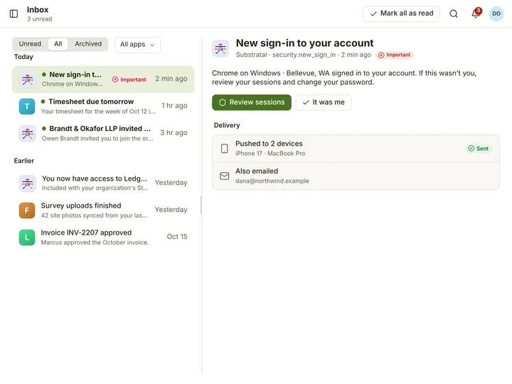 Web (PWA) Inbox — light theme