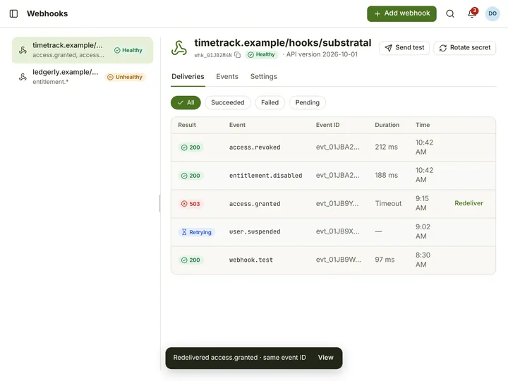 Web (PWA) Webhook — Deliveries — light theme