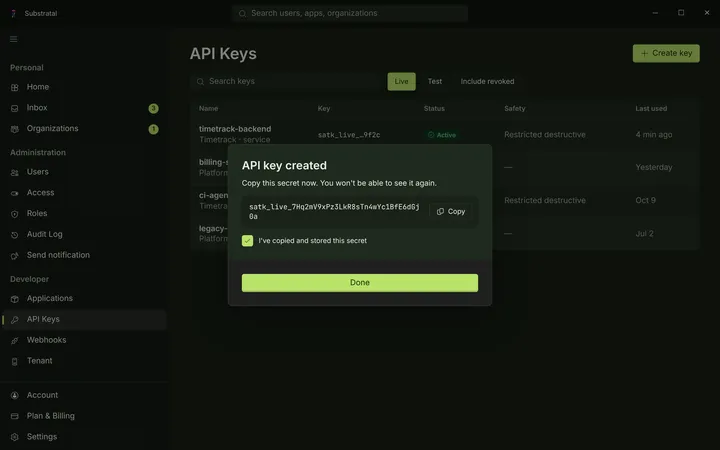 Windows API keys — dark theme