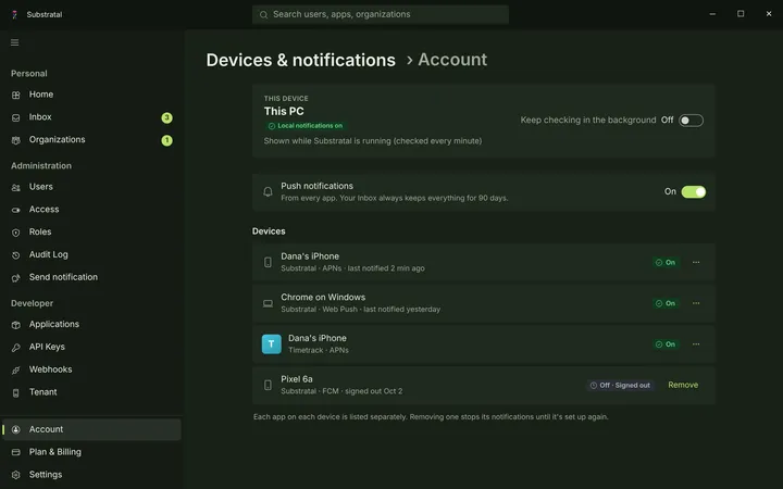 Windows Devices & notifications — dark theme